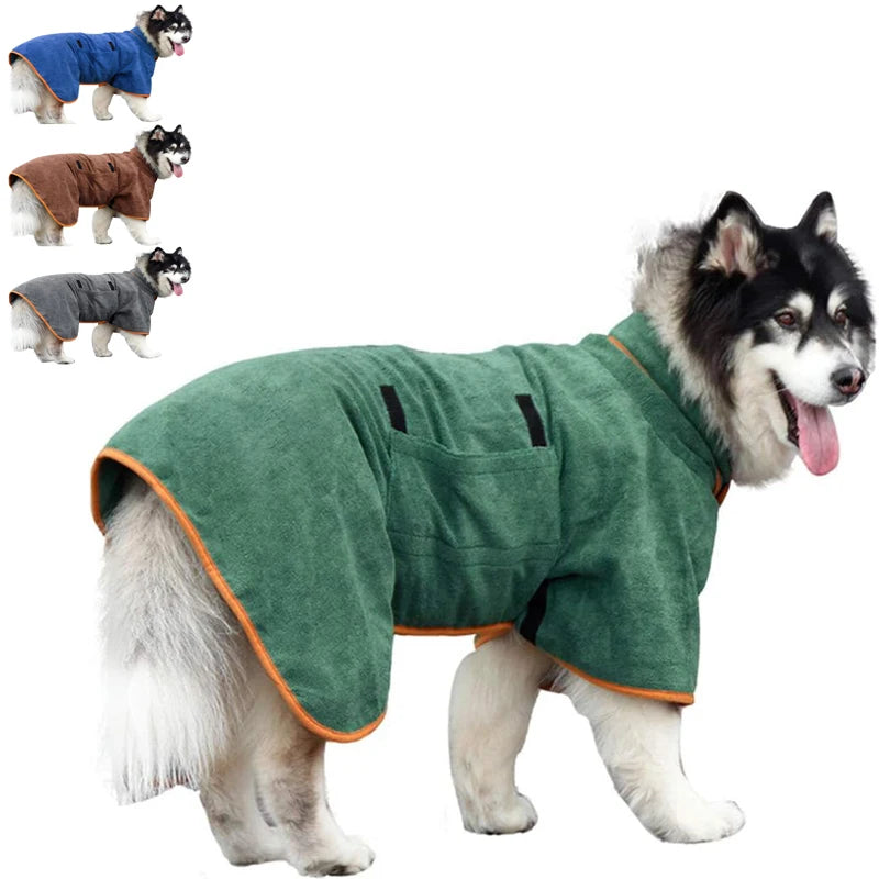 Dog wearing Roamhound drying robe